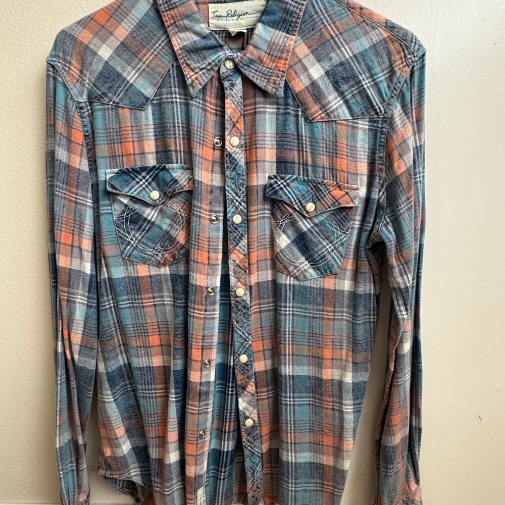 True Religion Plaid Western Snap-Up Shirt large cotton Flannel shirt